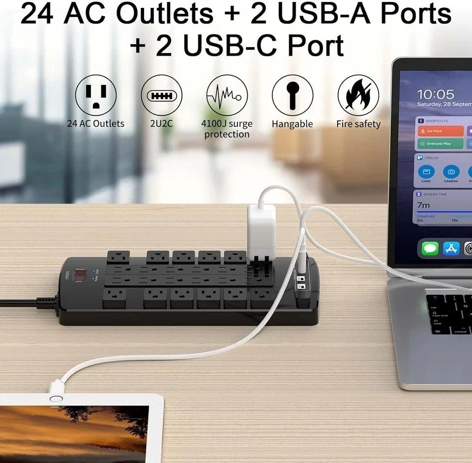 Surge Protector Power Strip - 6Ft Flat Plug Heavy Duty Extension Cord with 24 Ou