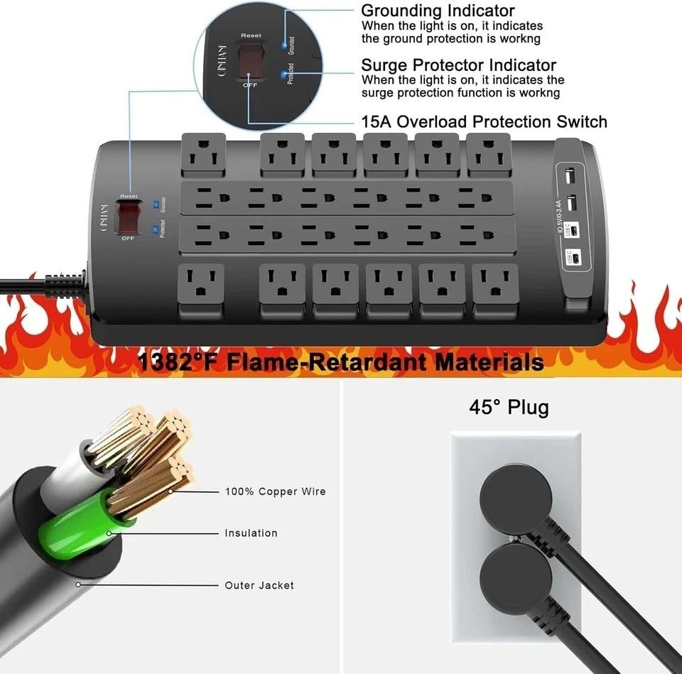 Surge Protector Power Strip - 6Ft Flat Plug Heavy Duty Extension Cord with 24 Ou