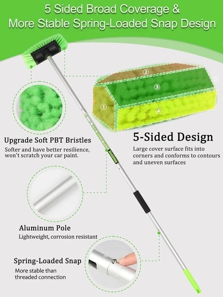 Five-Sided Car Wash Brush with Long Handle，Soft Bristle Scrub Cleaning Mop with