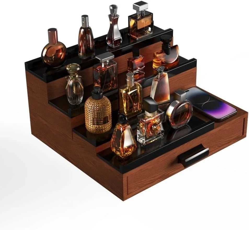 Cologne Organizer for Men,4 Tier Wooden Cologne Stand with Drawer,Hidden Compart