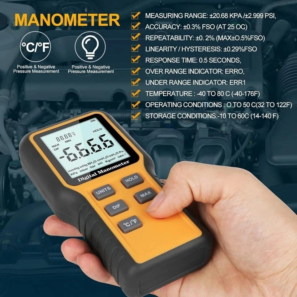 Manometer, Professional Air Pressure Meter, Dual-Port HVAC Digital Manometer Gas