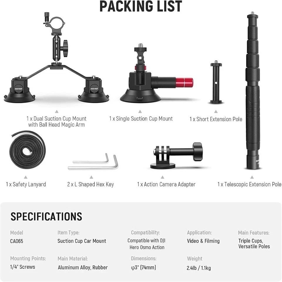 NEEWER CA065 Triple Suction Mount – GoPro Insta360 Car Kit + Selfie Stick