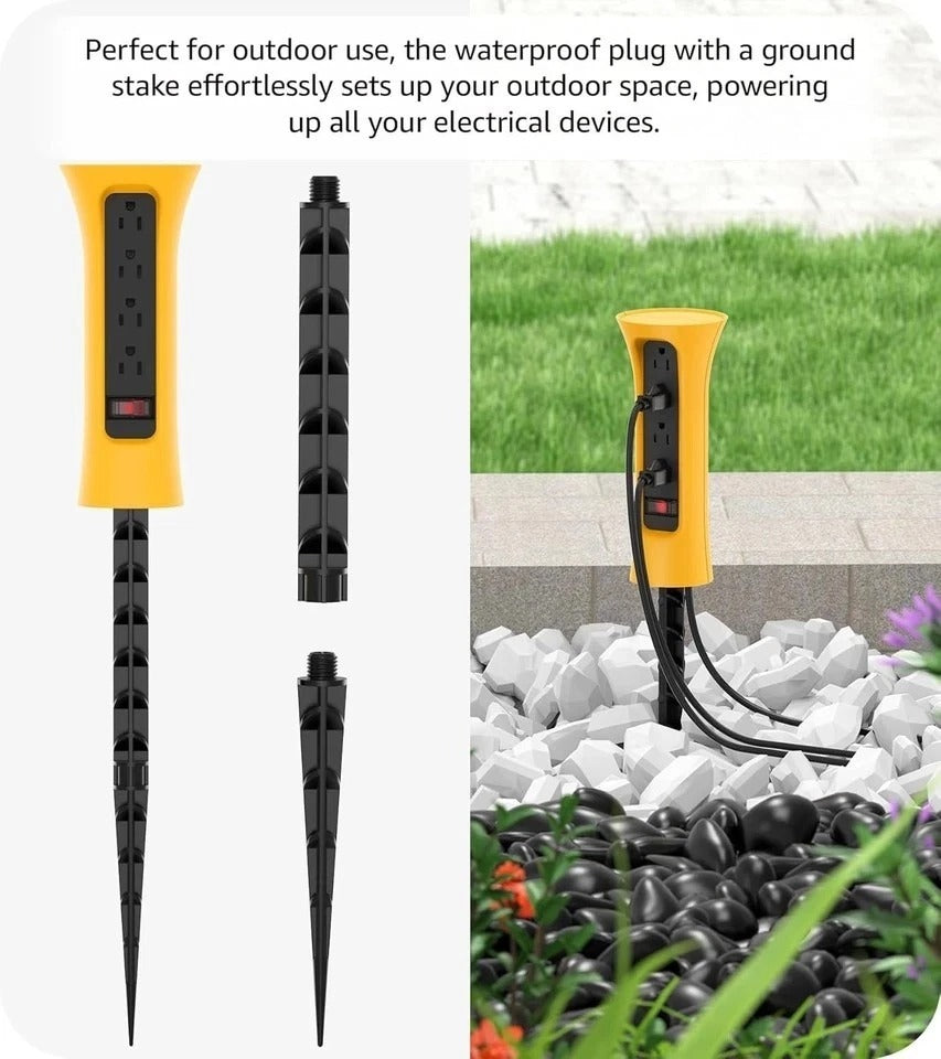 Outdoor Power Strip Weatherproof with Stake, Waterproof Extension 6FT Yellow
