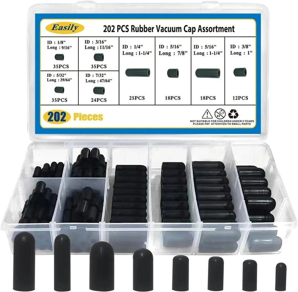 Vacuum Caps Rubber Plug Kit - 202 PCS 8 Size Assorted Vacuum Plugs Hose End Caps