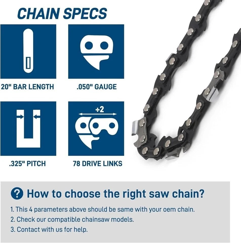 20 Inch Chainsaw Bar and Chains, .050'' Gauge .325" Pitch 78DL Fits Echo CS-490/