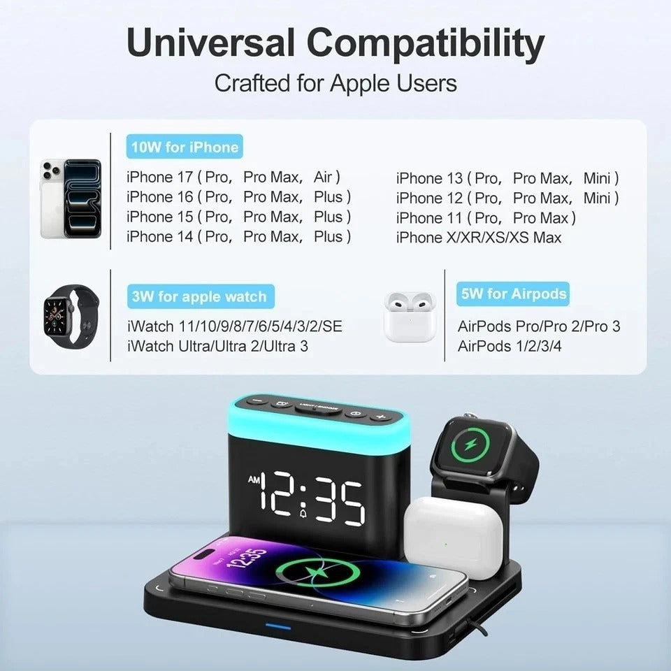 Wireless Charging Station,5 in 1 Multiple Charger Stand with Alarm Clock,7 Night