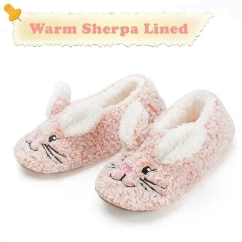 Cute Animal House Slippers, Warm Fuzzy Slipper Socks with 7-8 Pink Bunny