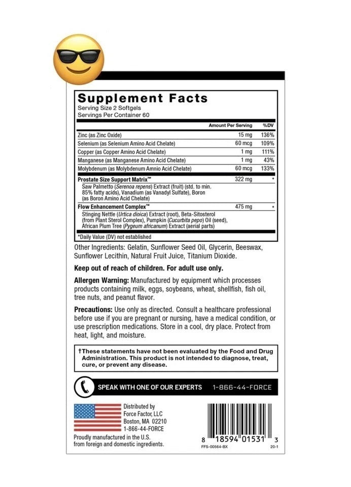 120 FORCE FACTOR PROSTATE SOFTGELS, NATURAL PROSTATE HEALTH SOLUTION