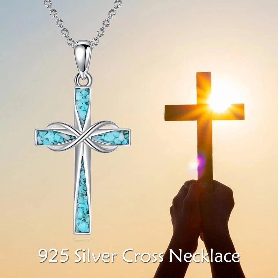 Cross Necklace 925 Sterling Silver Turquoise Cross Pendant Necklace Religious...