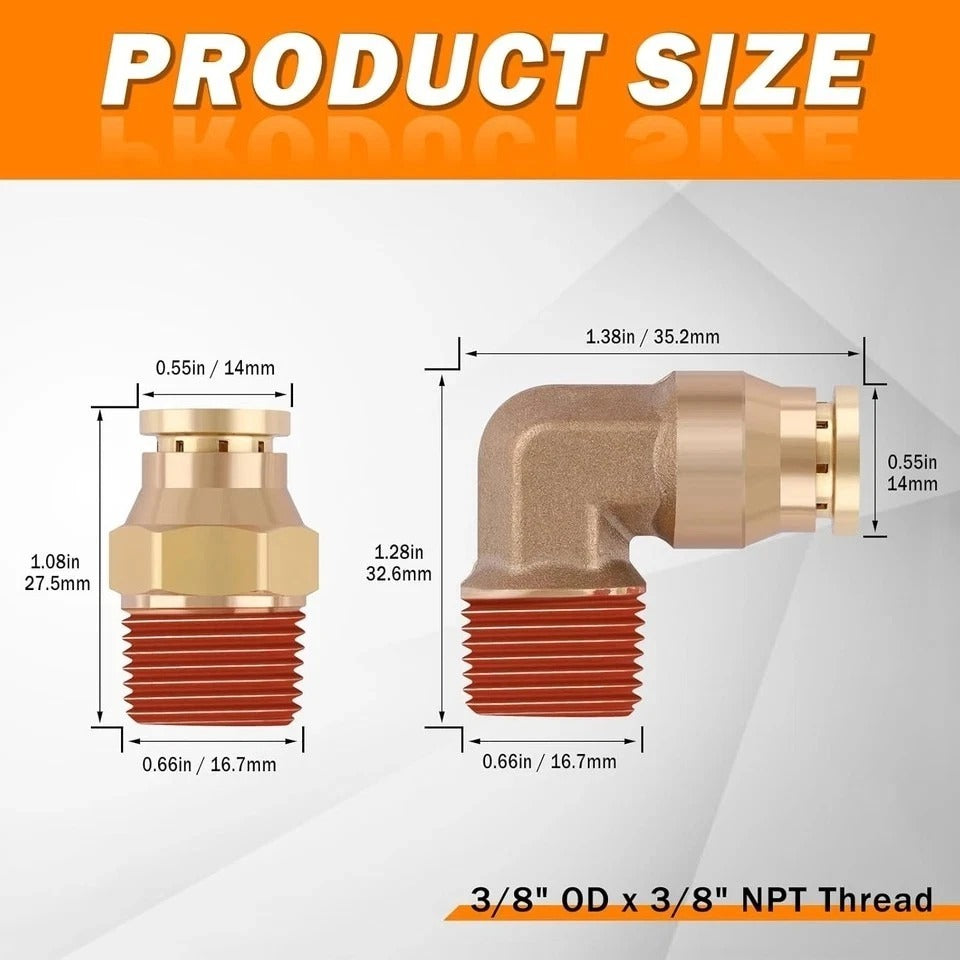 3/8" DOT Quick Push to Connect Fittings Brass Straight and 90 Degree Elbows, 3/8