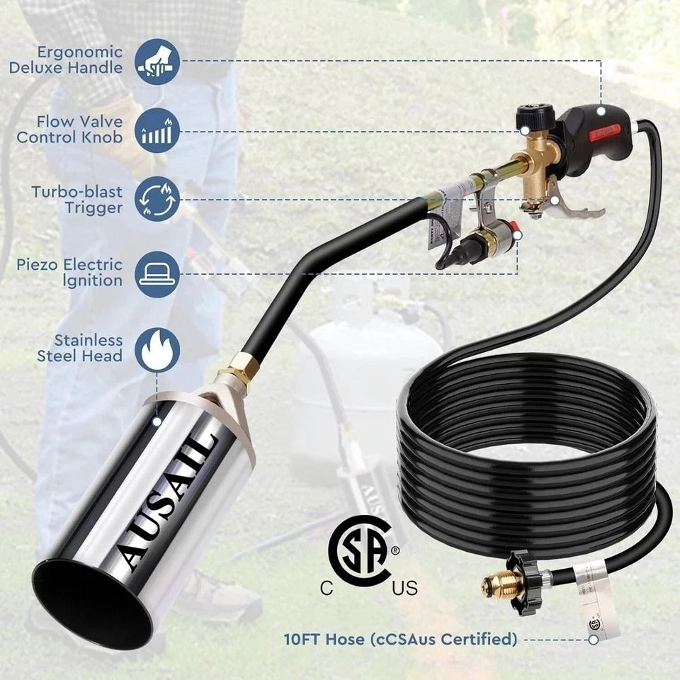 High Output Propane Weed Torch - 1,800,000 BTU Flame Thrower with 10 FT Hose