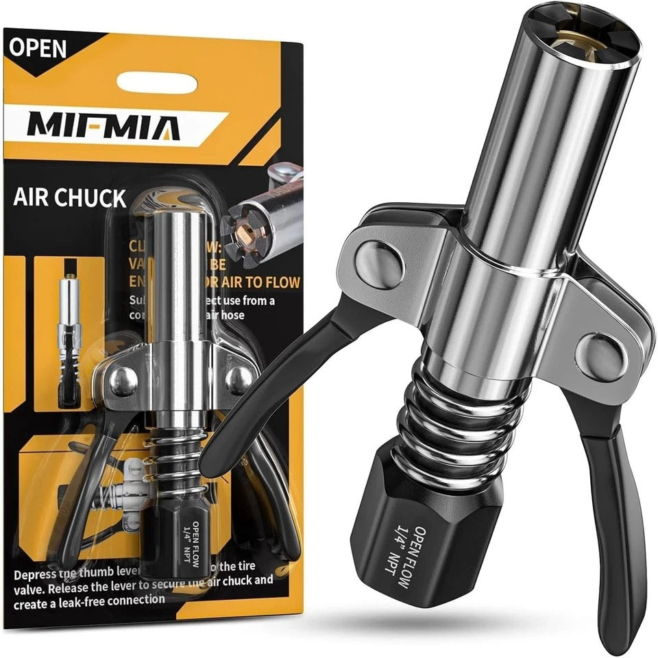 Locking Air Chuck, Heavy Duty Open Flow with Six Steel Jaws, Locks onto Any Tire