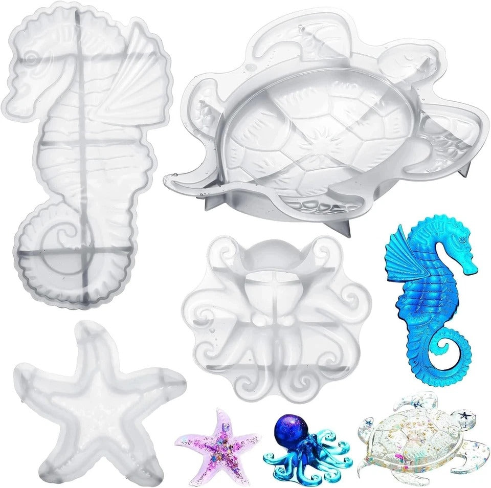 4 Pcs Ocean Theme Resin Molds 3D Large Silicone Epoxy Resin Seahorse Shells Star