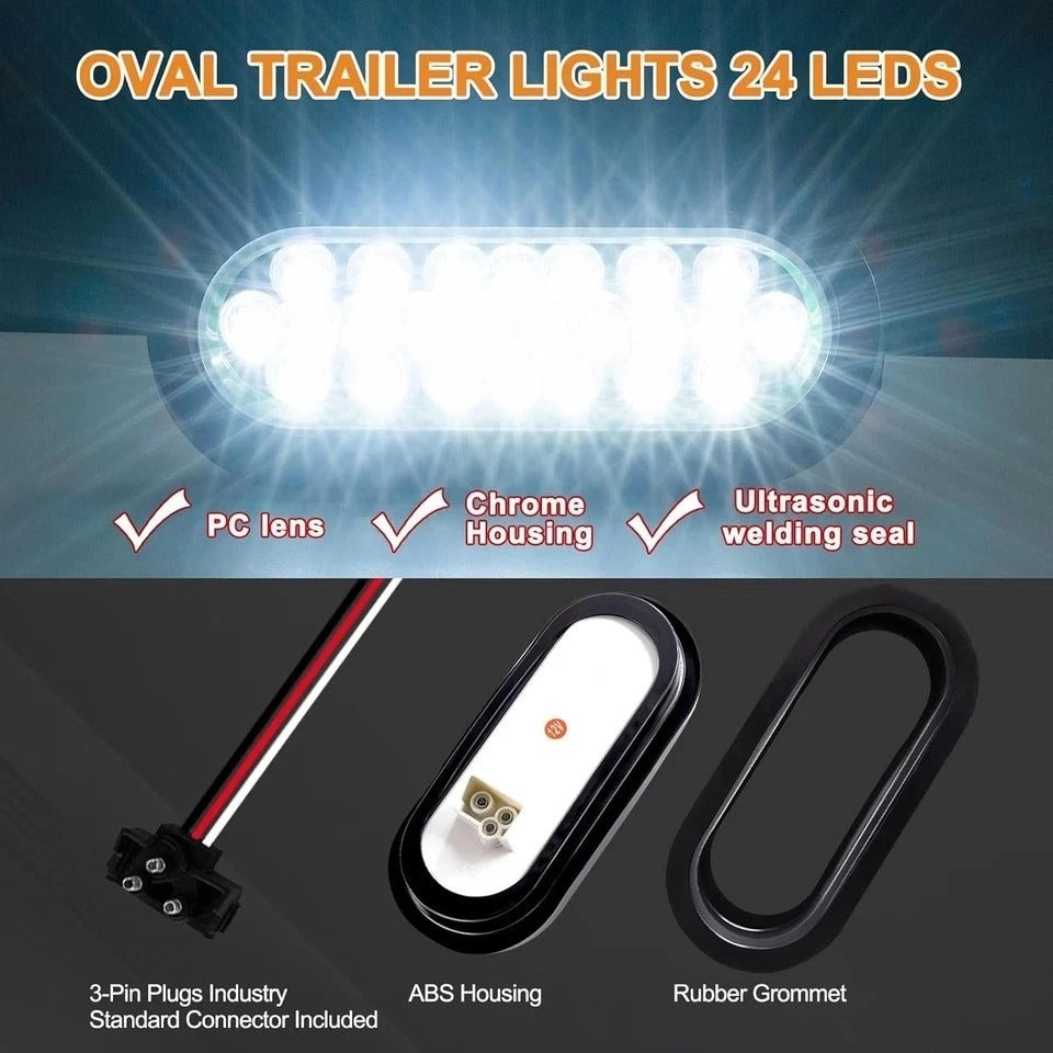 2PCS 6" Inch White 24 LED Oval Reverse Backup Turn Tail White Light/Clear Lens