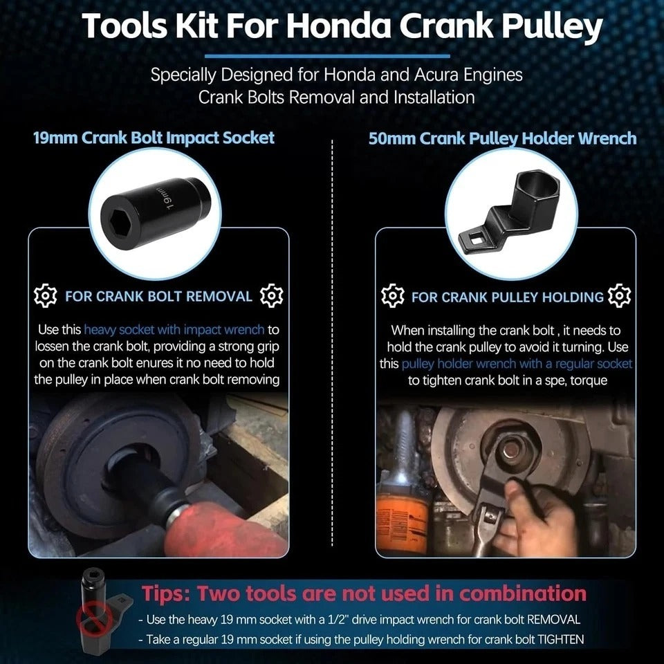 For Honda Crank Pulley Tool 19Mm Harmonic Balancer Socket & 50Mm Crankshaft Cran
