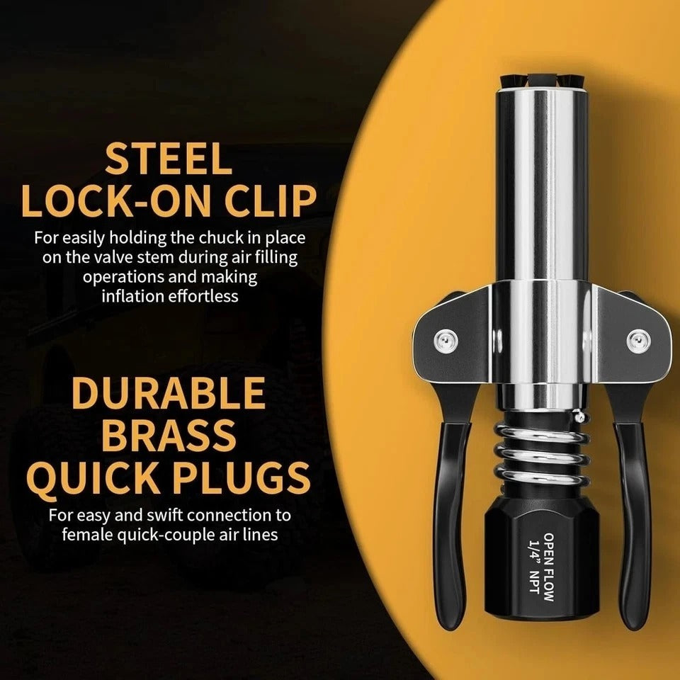 Locking Air Chuck, Heavy Duty Open Flow with Six Steel Jaws, Locks onto Any Tire