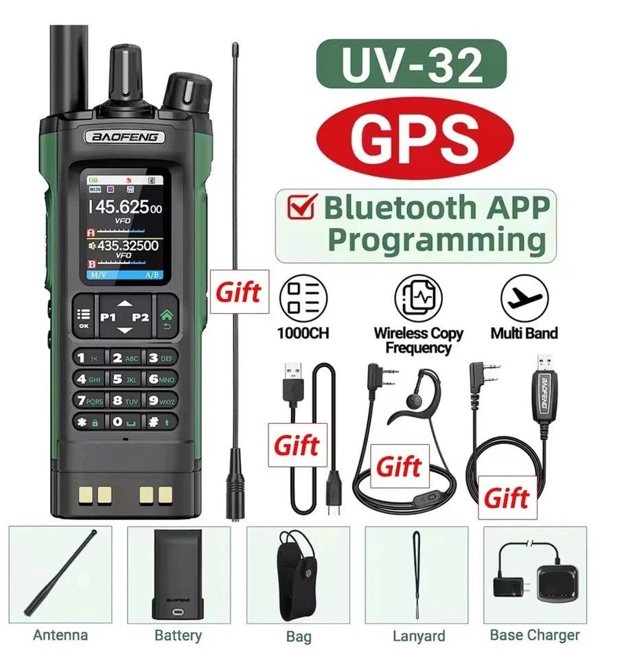 Baofeng UV-32 GPS Walkie Talkie 10W Bluetooth Programming Multi Band +Accessorie