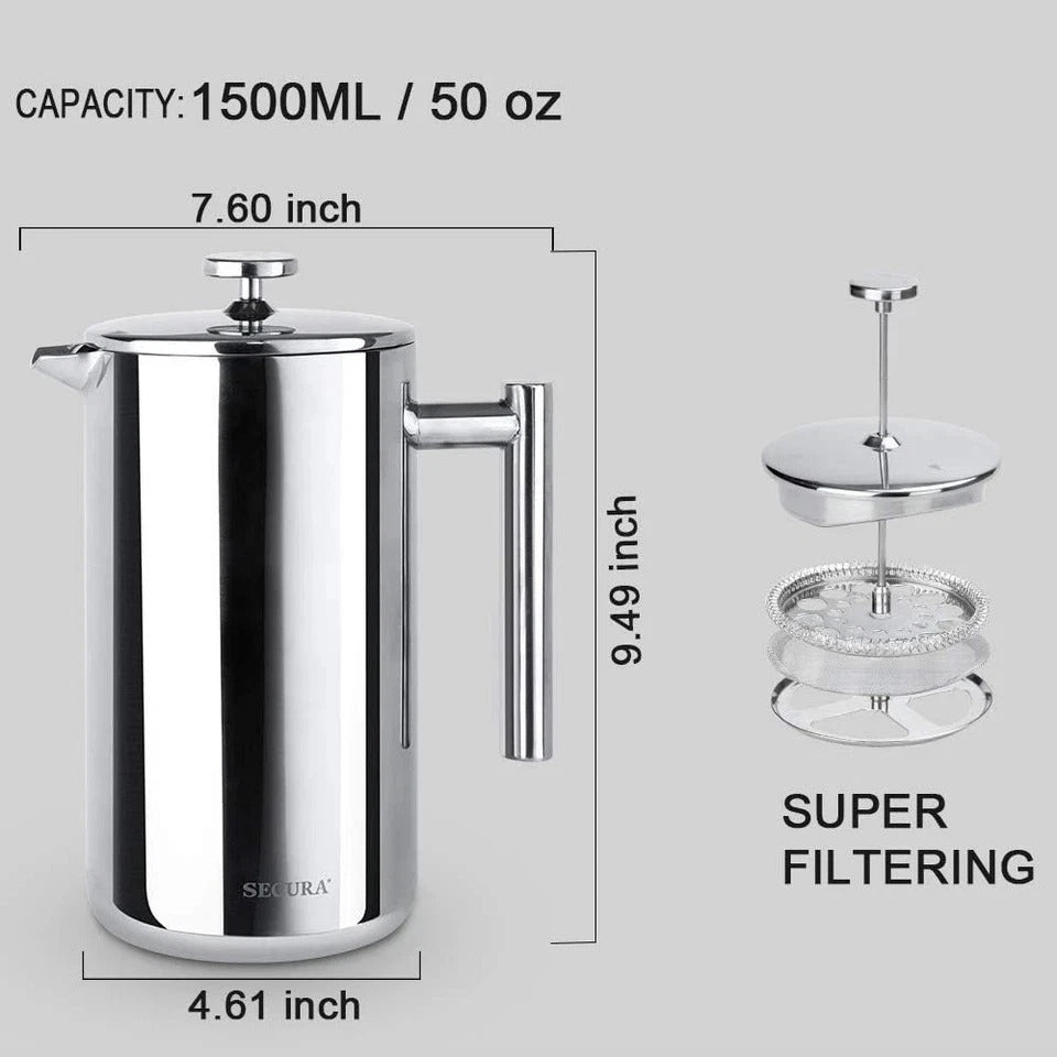 French Press Coffee Maker, 304 Grade Stainless Steel Insulated Coffee Press with