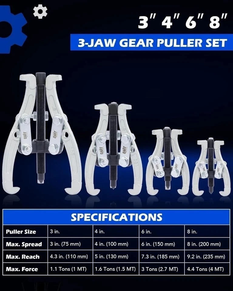 Universal Heavy Duty Gear Puller Set - 4 Sizes, 3-Jaw, Reversible Jaws, for P...