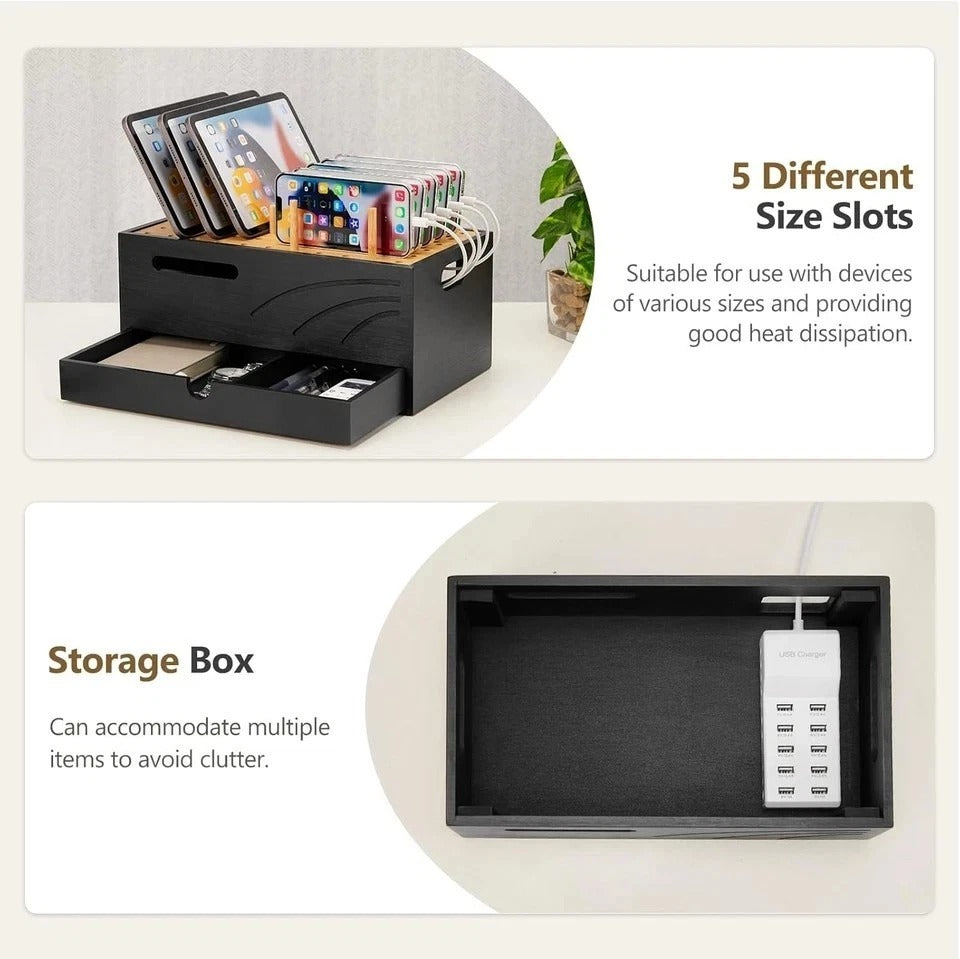 Bamboo Charging Station for Multiple Devices, Charger Organizer Desk Docking Sta