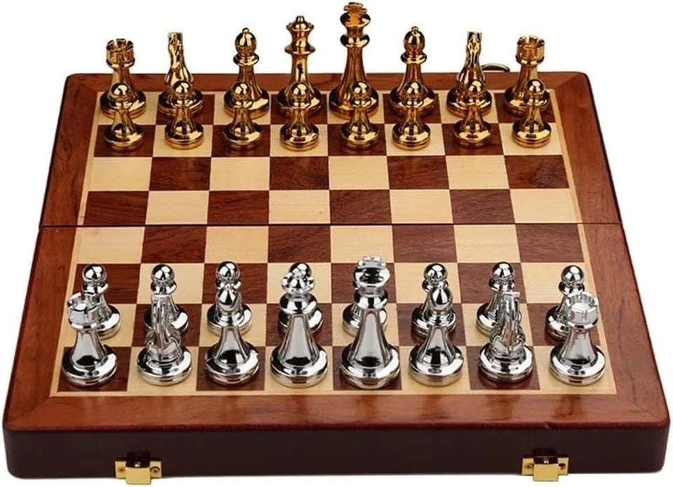 Vintage Chess Set,Wood Chess Board with Storage,Metal Chess Pieces, Classic Game