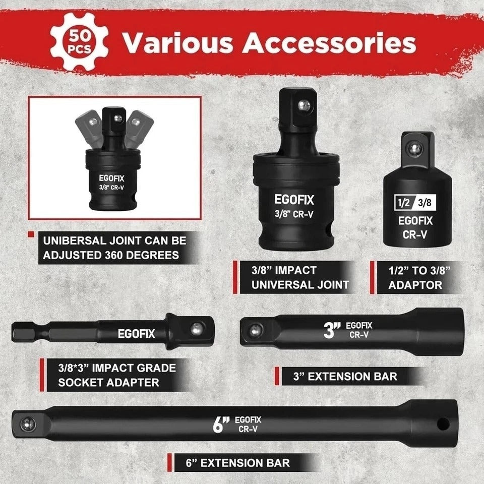 3/8 In. 50 Piece 6 Point Impact Socket Ratchet Drive and Metric Set