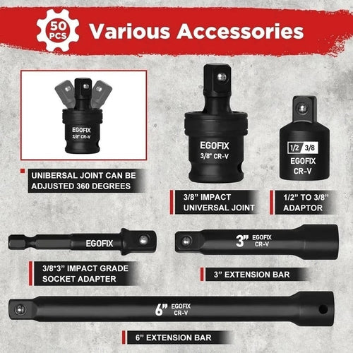 3/8 In. 50 Piece 6 Point Impact Socket Ratchet Drive and Metric Set