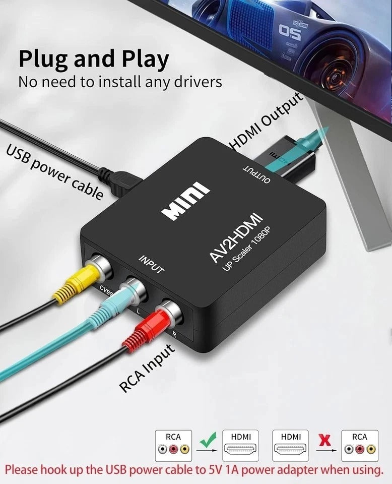RCA to HDMI Converter, RCA to HDMI Adapter, 1080P Mini Composite CVBS AV to H...