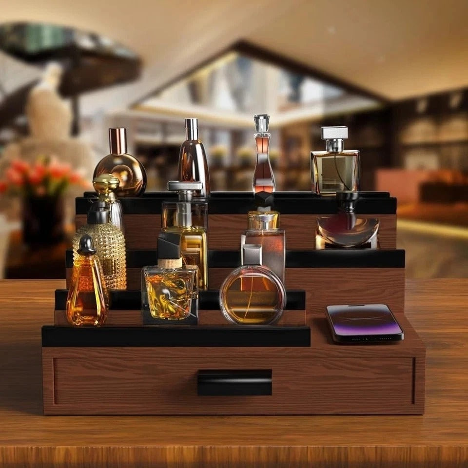 Cologne Organizer for Men,4 Tier Wooden Cologne Stand with Drawer,Hidden Compart