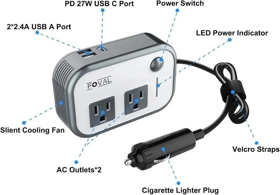 FOVAL 200W Car Power Inverter, DC 12V to 110V AC Car Laptop Charger Fast Charger