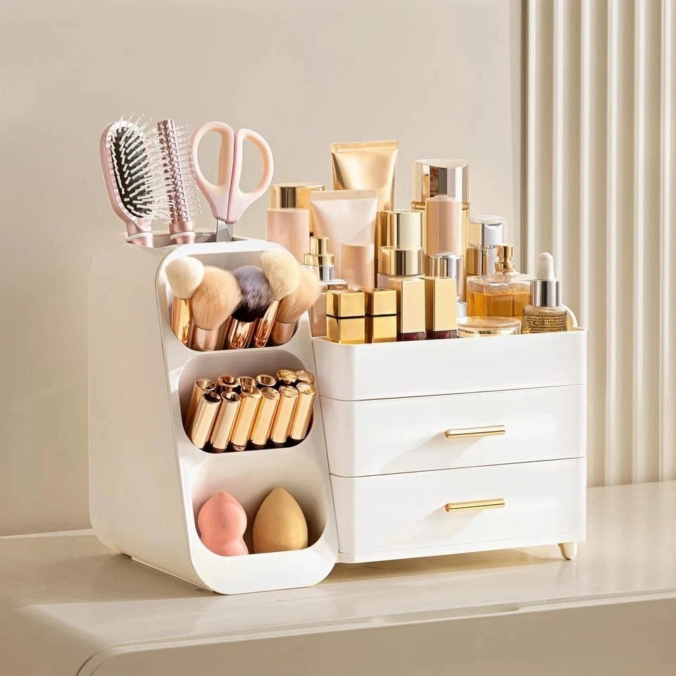 Makeup Organizer with Brush Holder for Vanity, Large Plastic Bathroom Countertop