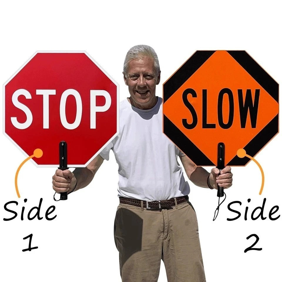 18 x 18 inch Handheld “STOP - SLOW” Paddle Sign with Handle, Double-Sided, Sc...