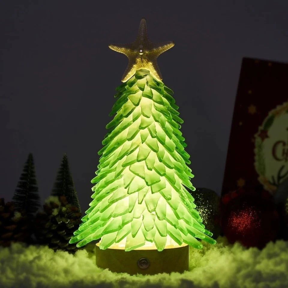 Green Sea Glass Christmas Tree - Handcrafted Mini Christmas Tree with 3-Color LE