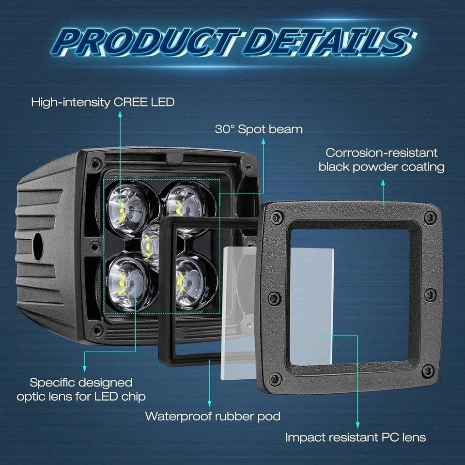 LED Cubes, 2Pcs 3 Inch 100W LED Pods Off Road Driving Light Bar Spot Work Lig