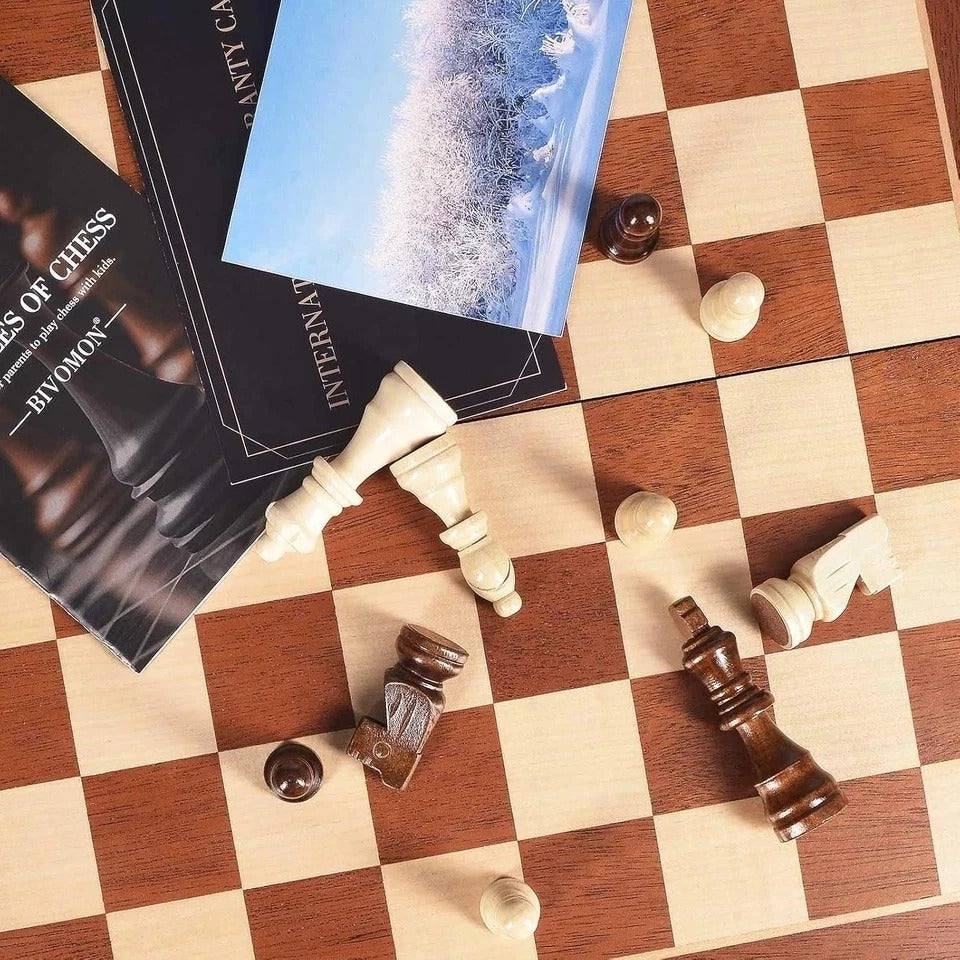 15" Magnetic Wooden Folding Chess Set w/ Storage Slots & Extra Queens