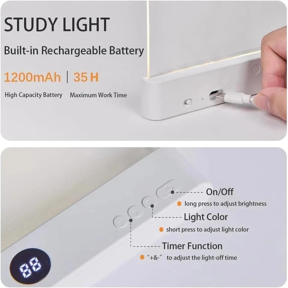 Pink Rechargeable LED Book Light 3-Color Adjustable Flat Panel w/ Timer & Memory