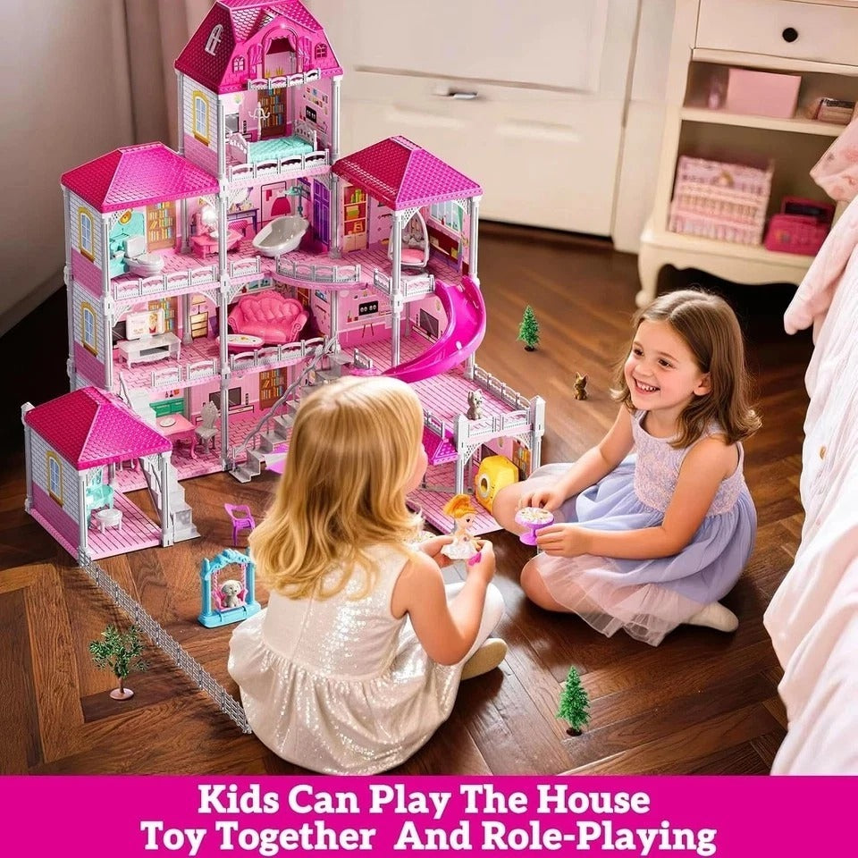 Villa Playset for Girls Ages 3-7, 4-Story 12 Room House with 2 Dolls, Furniture