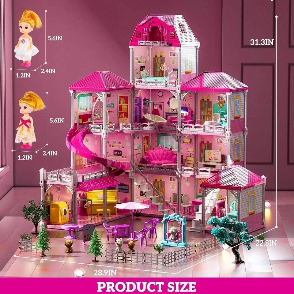 Villa Playset for Girls Ages 3-7, 4-Story 12 Room House with 2 Dolls, Furniture