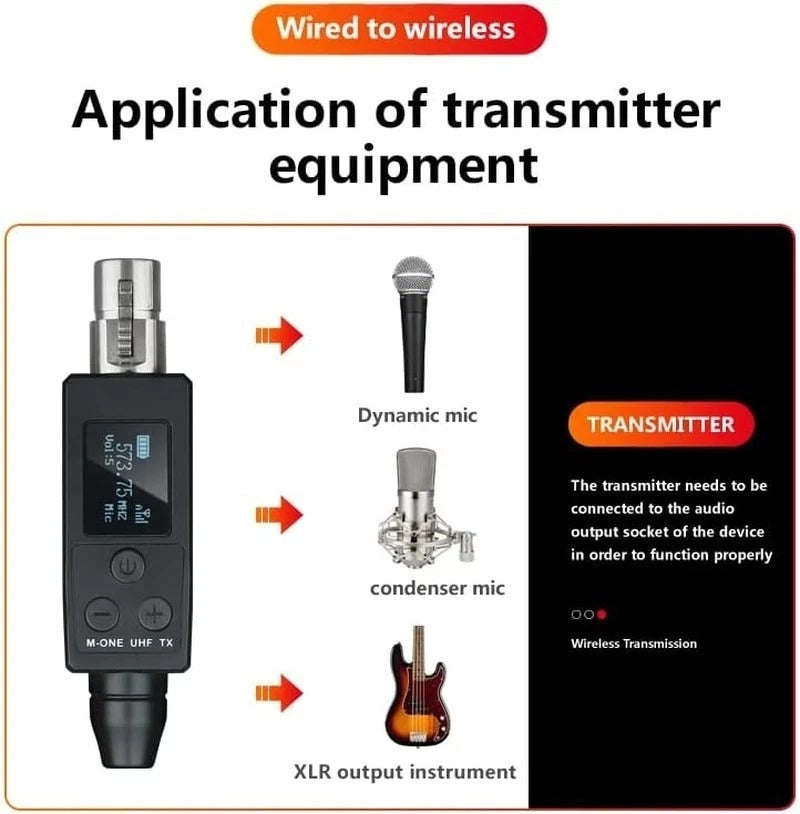 UHF Wireless XLR Transmitter and Receiver Plug-On Wireless Microphone System for