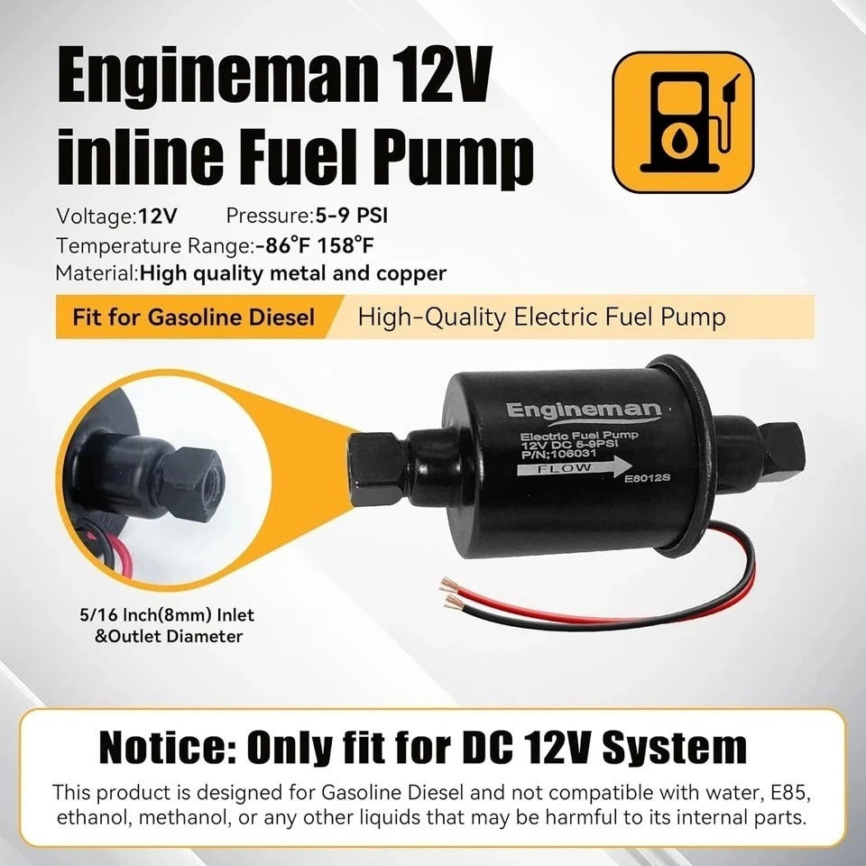 Electric Fuel Pump 12V 5-9 PSI Inline External 5/16 Compatible E8012S 5-9 PSI