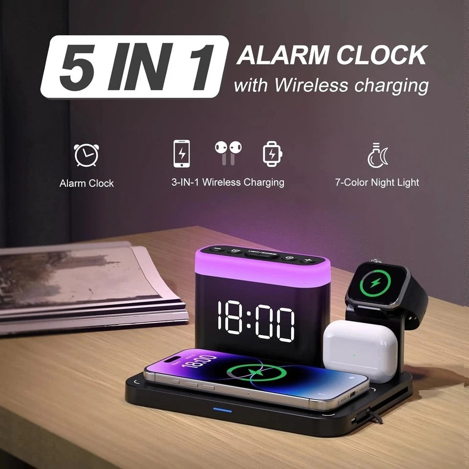 5-in-1 Wireless Charging Station with Alarm Clock & Night Light for iPhone & Wat