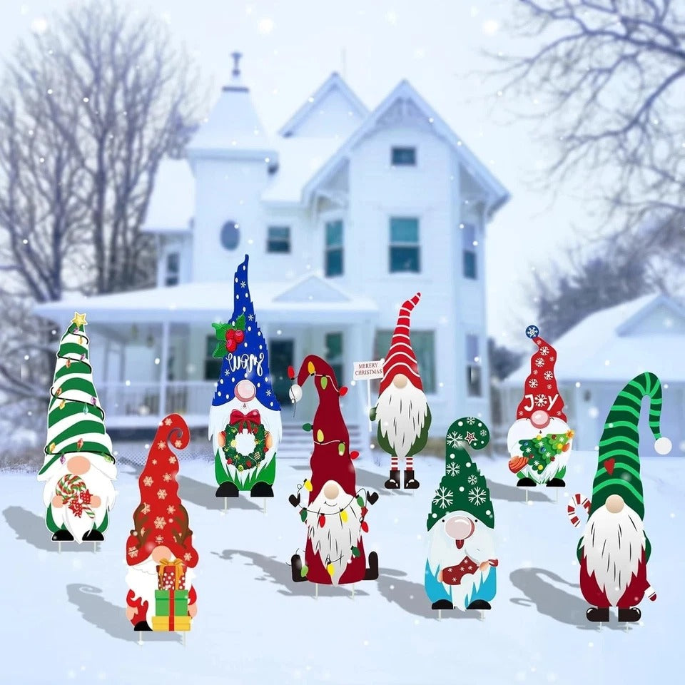 Christmas Gnome Yard Sign Outdoor Decoration, 8Pcs Gnome Yard Sign Stakes, Decor