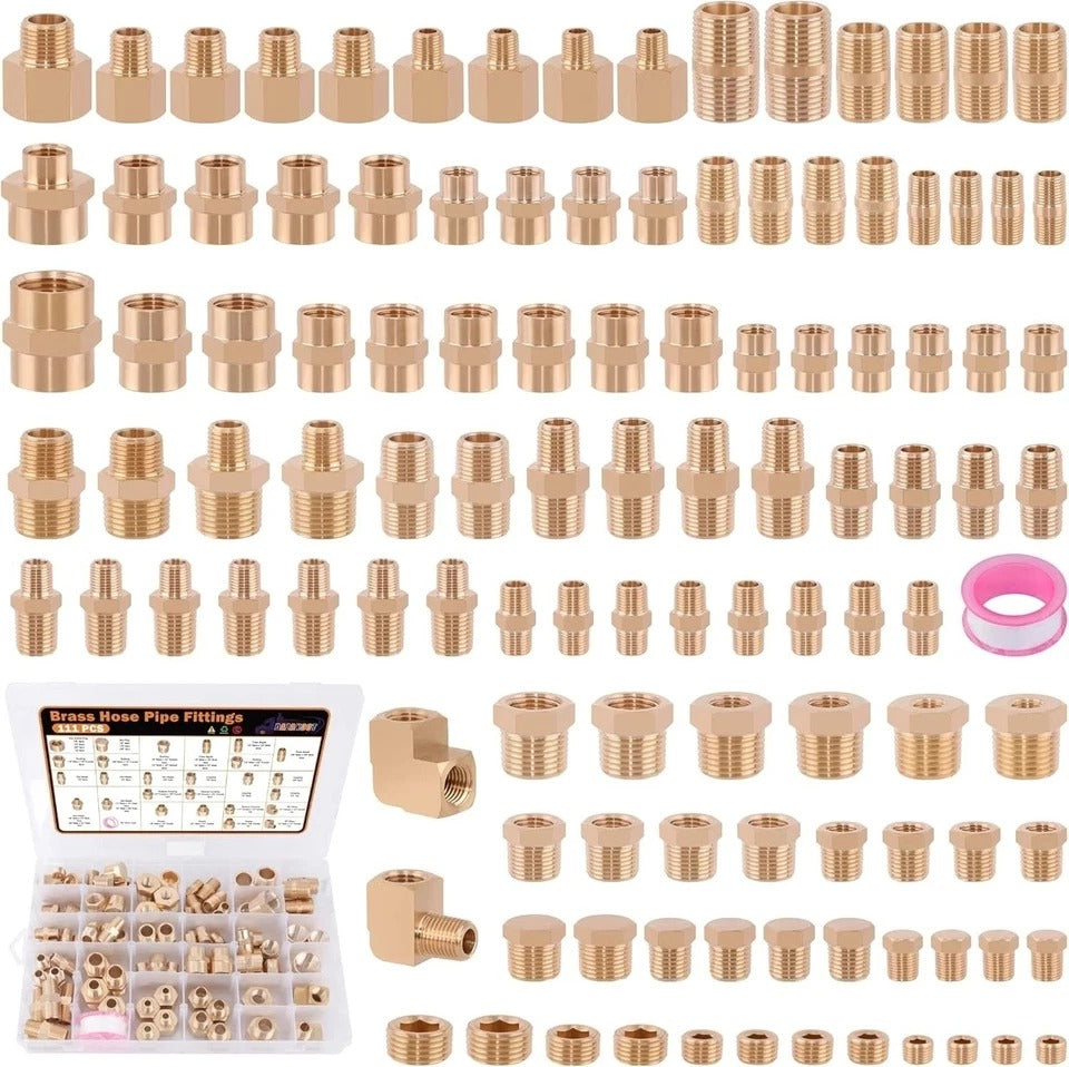 111Pcs Hose Pipe Fitting Assortment Kit, NPT Adapter, Reducer Bushing, Hex Nippl