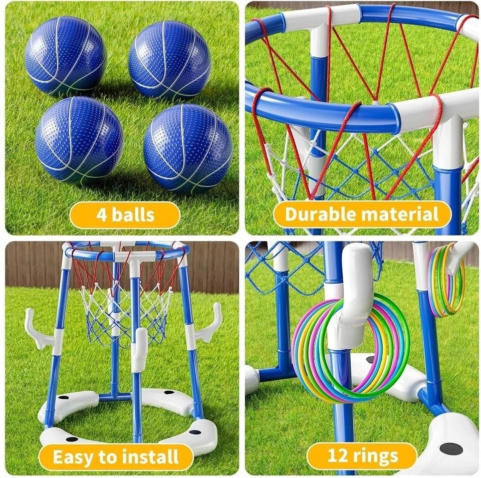 Pool Basketball Hoop, 2-In-1 Floating Pool Toys Ring Game with 4 Balls and Pump,