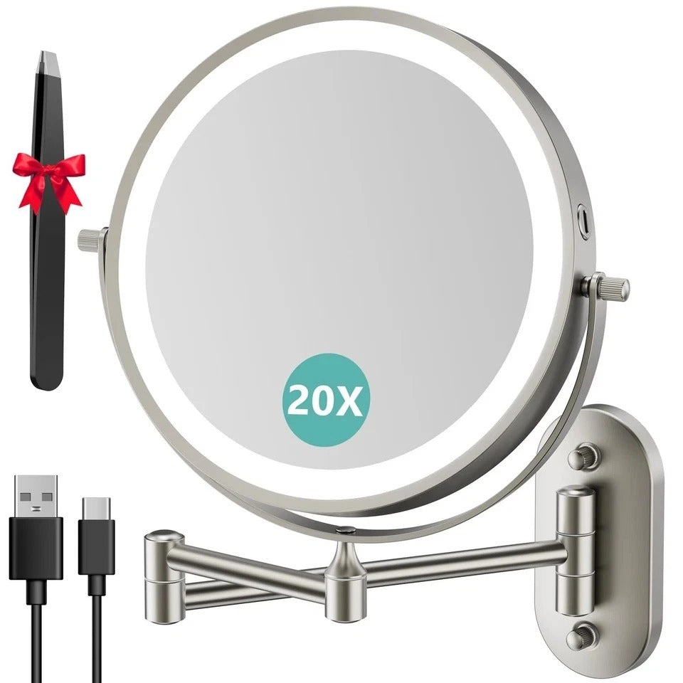 1X/20X Wall Mounted Makeup Mirror with Light 8 Double-Sided Magnifying Mirror