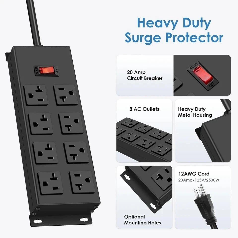 Heavy Duty 20 Amp Power Strip Garage 8 Outlets Metal 12 Gauge Surge Protector...