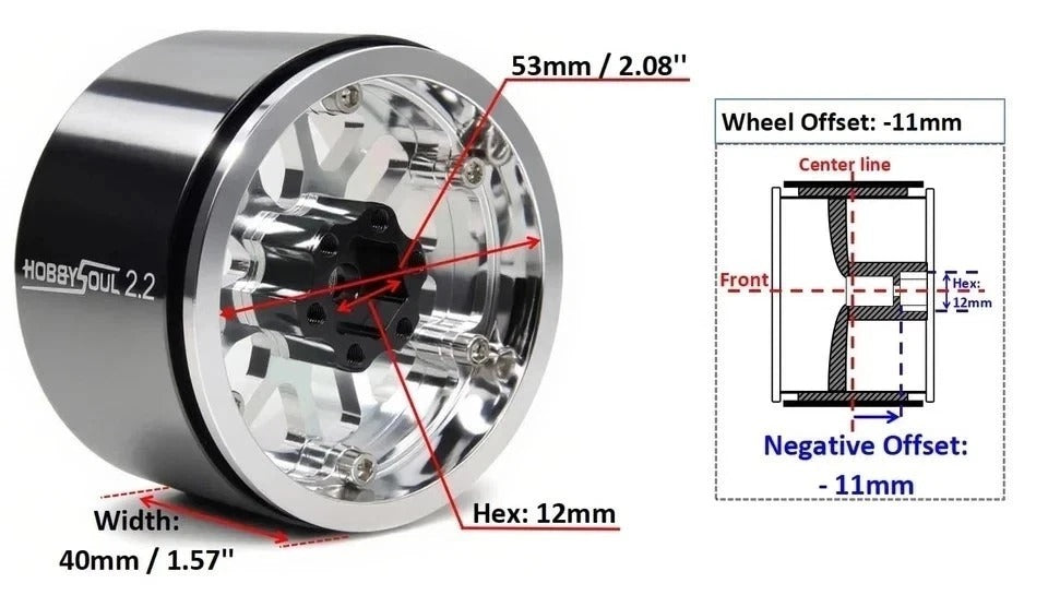 HOBBYSOUL 2.2 Beadlock Wheels -11mm Negative Offset 40mm Wide Rims 2.2 RC Wheels