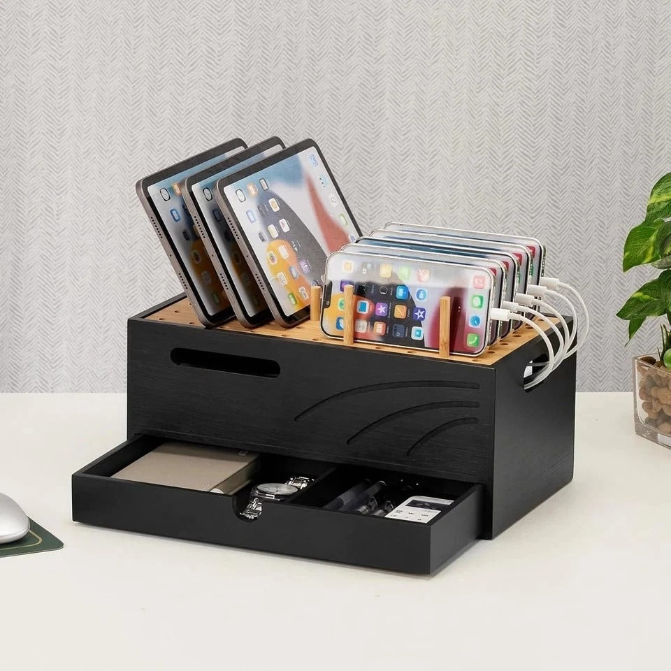 Bamboo Charging Station for Multiple Devices, Charger Organizer Desk Docking Sta
