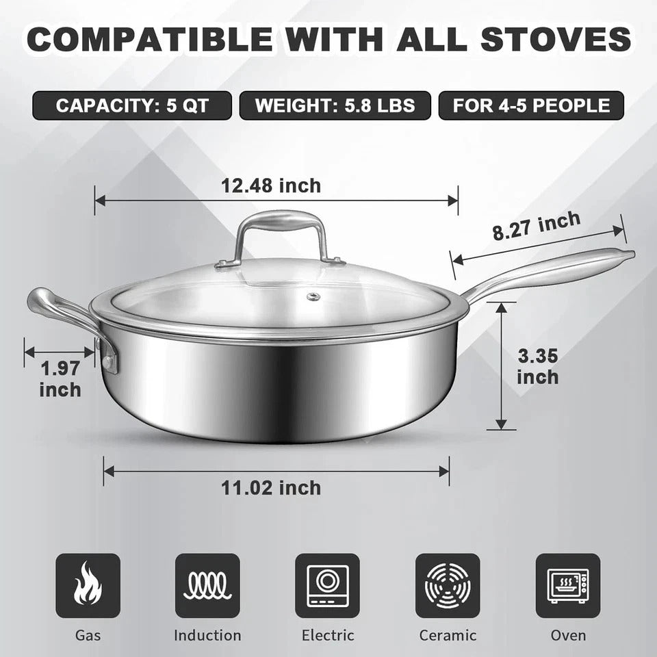 12 Inch Tri-Ply Stainless Steel Frying Pan, 5-Quart Deep Saute Pan with lids,...