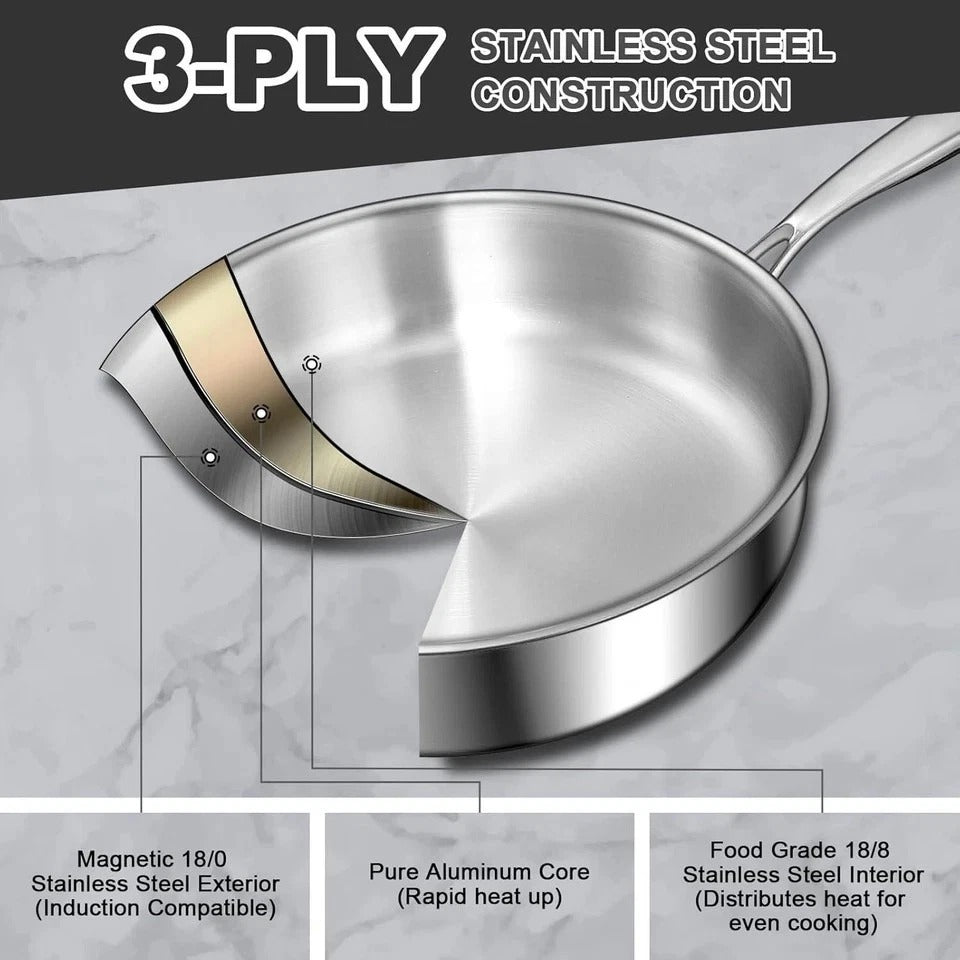 12 Inch Tri-Ply Stainless Steel Frying Pan, 5-Quart Deep Saute Pan with lids,...